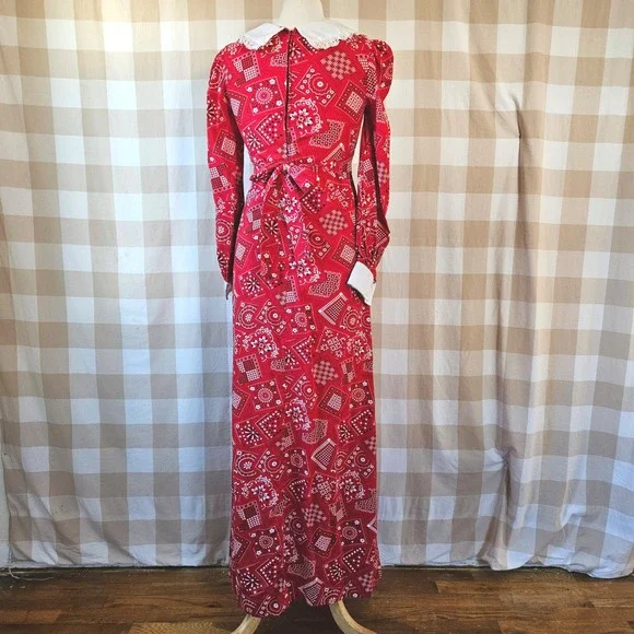 Vintage 70s Handmade Red Bandana Print Maxi Dress Puff Sleeve Peter Pan Collar S - Picture 5 of 7
